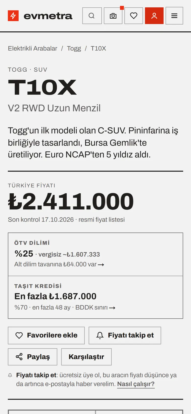 Togg T10F versiyon sayfası: fiyat, ÖTV dilimi, taşıt kredisi ve fiyat takibi (mobil)