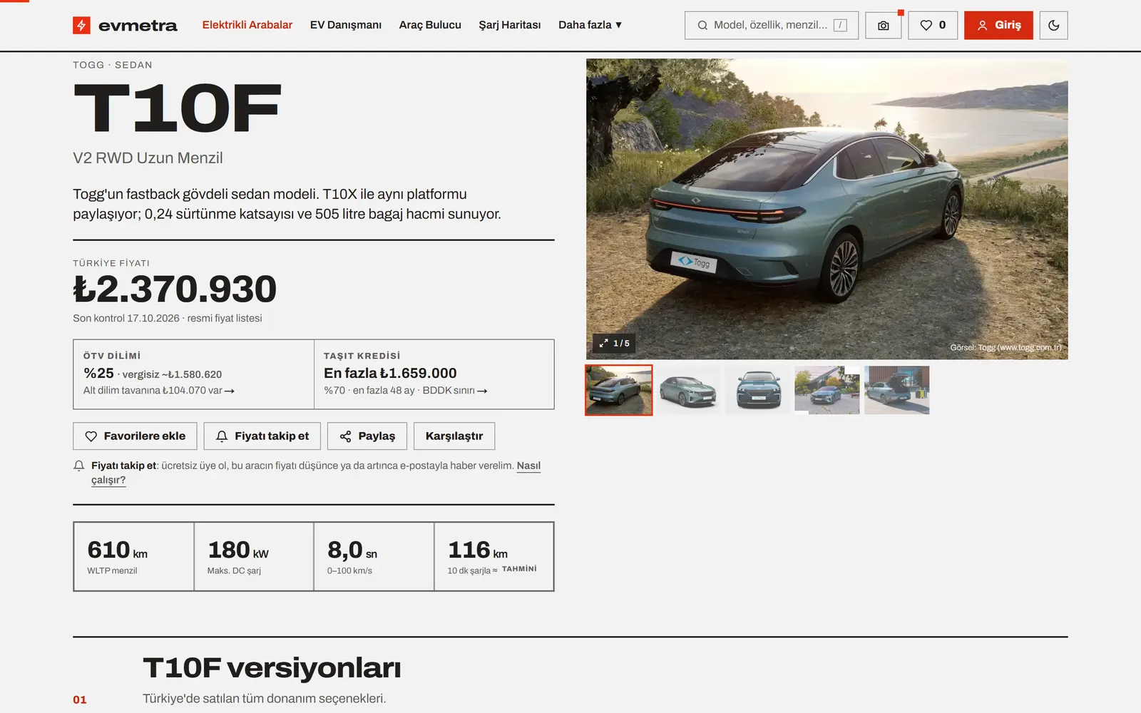 Togg T10F versiyon sayfası: fiyat, ÖTV dilimi, taşıt kredisi ve fiyat takibi